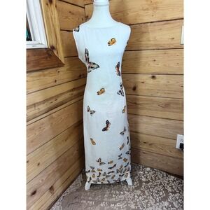 Sugar & Spice White Butterfly Print Sleeveless Maxi Dress Size L Boat Neck Zippe